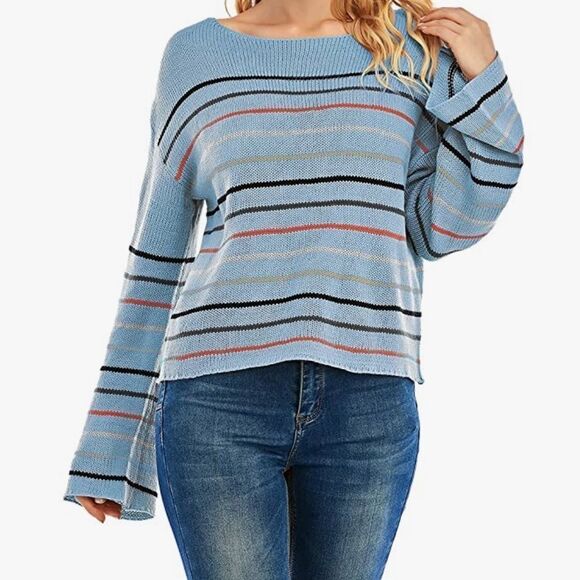 Women's L/S Striped Sweaters Off The Shoulder - Picture 7 of 7